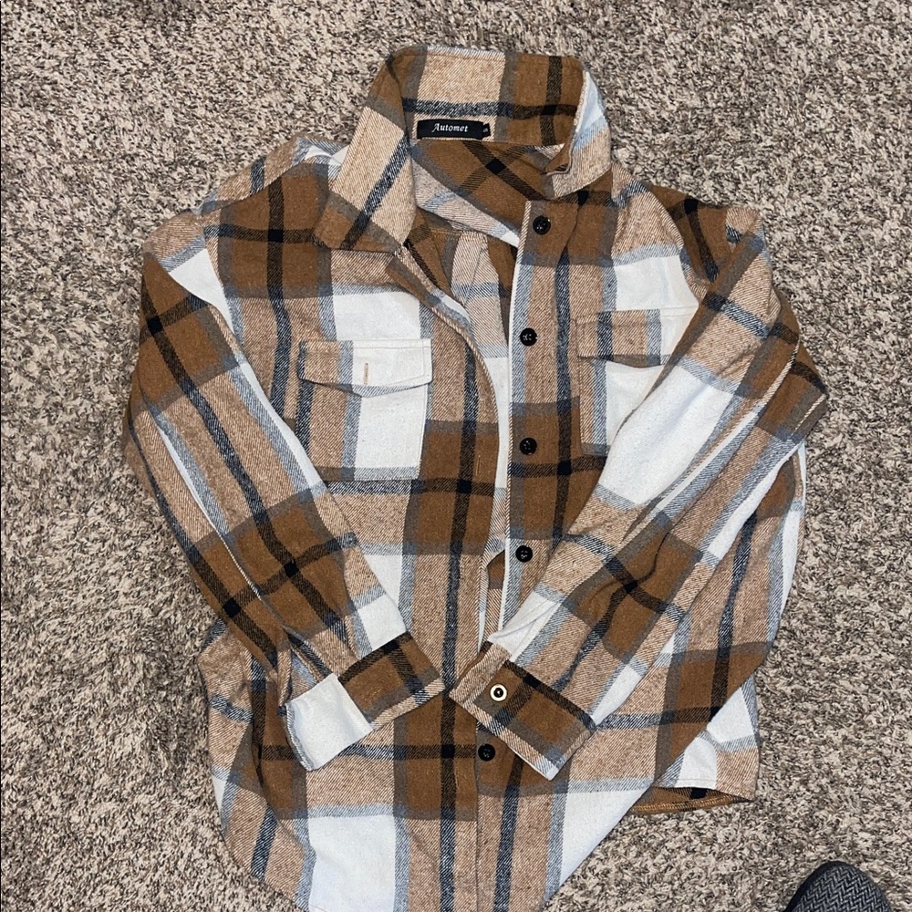 Brown and White Plaid Button-Up Shirt